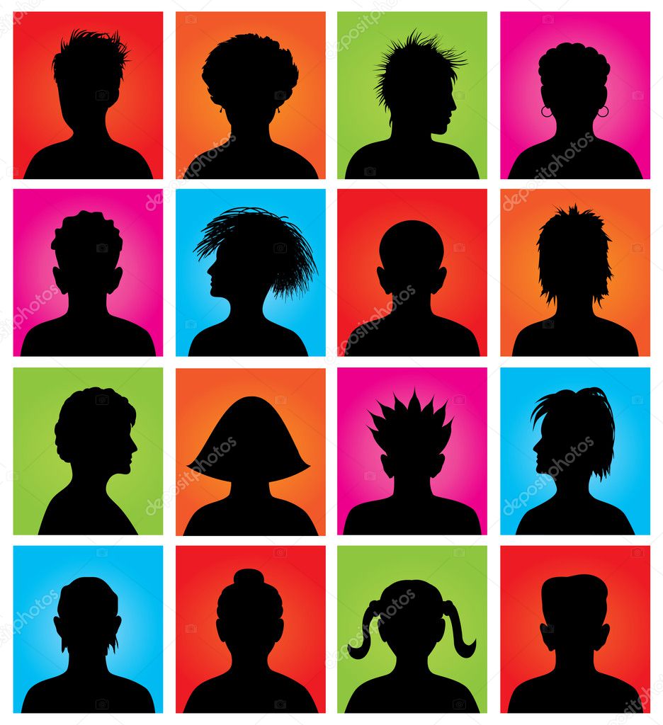 16 anonymous colorful avatars, vector