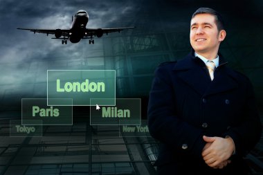 Businessman and airports citys on the button and plane clipart