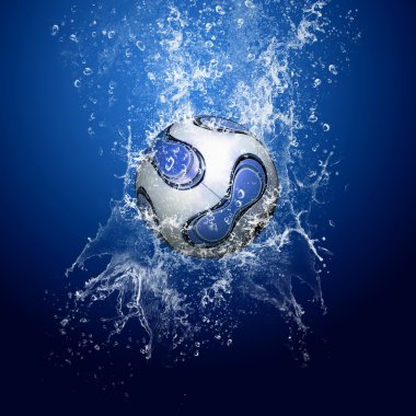 Futbol topu mavi zemin üzerine su altında etrafında su damlaları