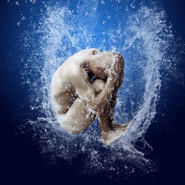 Water drops around men under water on blue background clipart