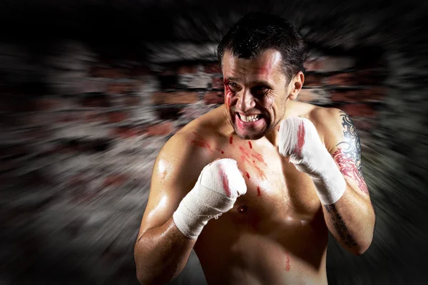 Aggressive boxer with blood on the face — Stock Photo, Image