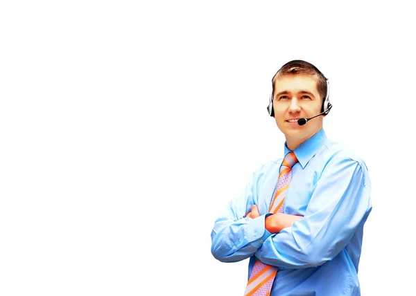 Empresário de felicidade em headphoness isolado no backg branco — Fotografia de Stock