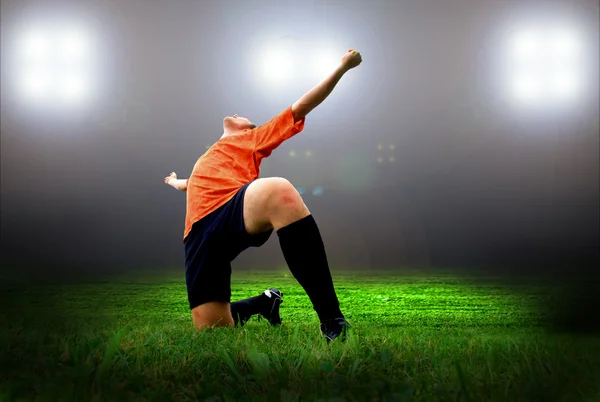 Happiness football player after goal on the field of stadium wit — Stock Photo, Image