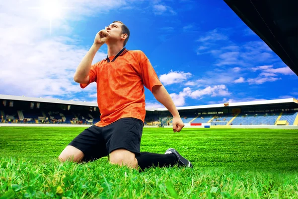 Happiness football player after goal on the field of stadium wit — Stock Photo, Image