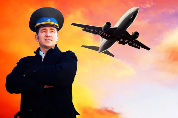 Piloto e avião no céu — Fotografia de Stock