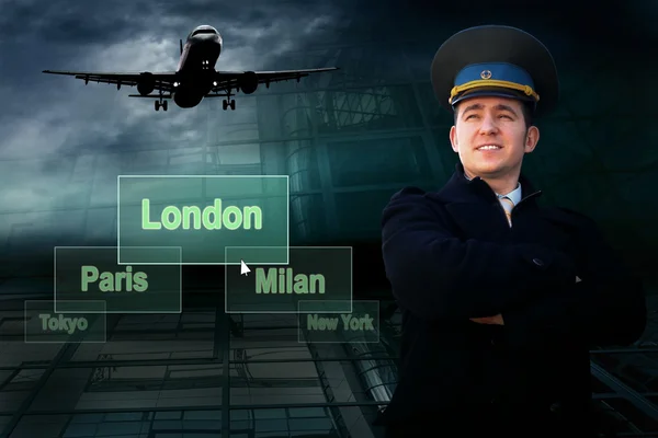 Pilot und Flughäfen Städte auf Knopf und Flugzeug — Stockfoto