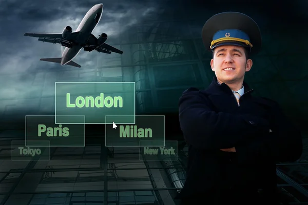 Piloto e aeroportos citys no botão e avião — Fotografia de Stock