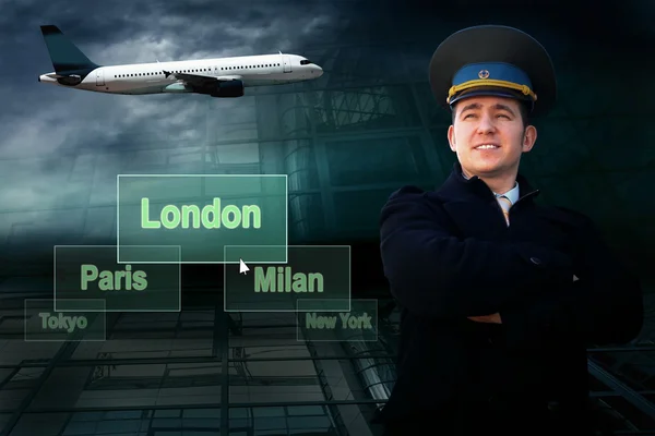 Pilot and airports citys on the button and plane — Stock Photo, Image