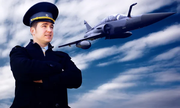 Pilot and military airplan on the speed — Stock Photo, Image