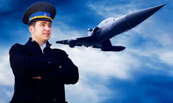 Pilot and military airplan on the speed — Stock Photo, Image