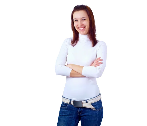 Bonita sorridente jovem mulher de pé, fundo branco — Fotografia de Stock