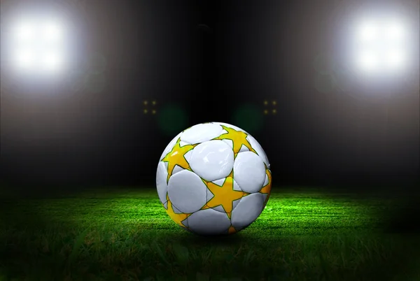 Μπάλα ποδοσφαίρου στο γήπεδο του γηπέδου με φως — Φωτογραφία Αρχείου