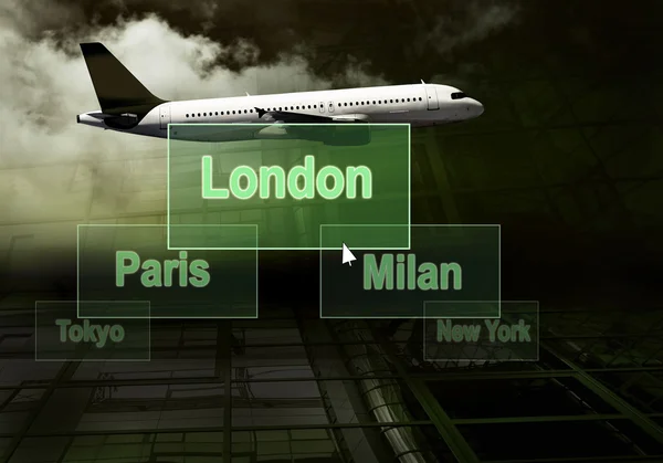 Aeroportos citys no botão e avião — Fotografia de Stock