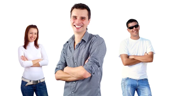 Vackra leende grupp av unga stående, vit ba — Stockfoto