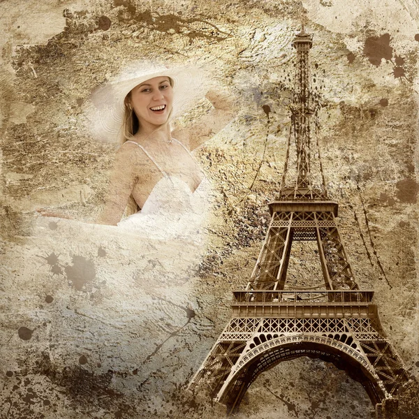 Vintage view of Paris on the grunge background — Stock Photo, Image