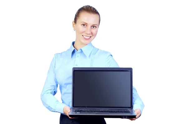 与笔记本电脑上的幸福女商人模糊业务加减法 — 图库照片