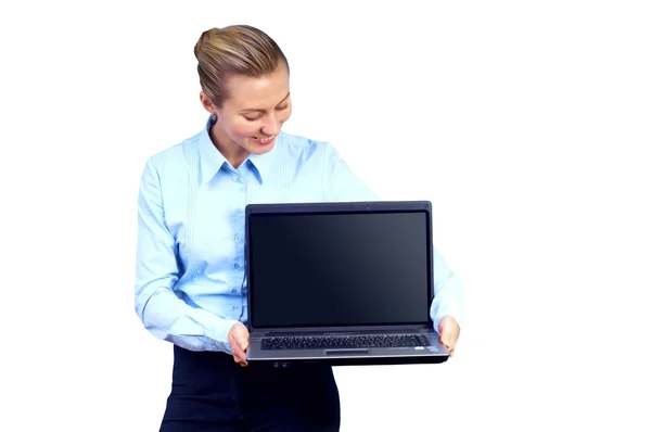 Mutluluk işkadını üstünde laptop ile bulanıklık iş architectur — Stok fotoğraf