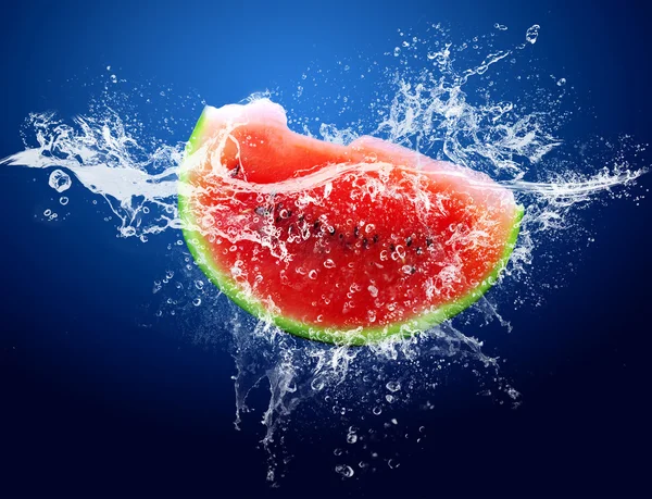 Water drops around watermelon on blue background — Stock Photo, Image