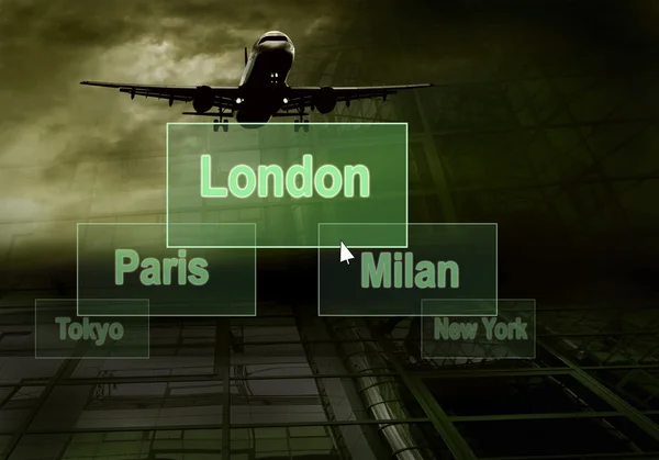 Aeroportos citys no botão e avião — Fotografia de Stock