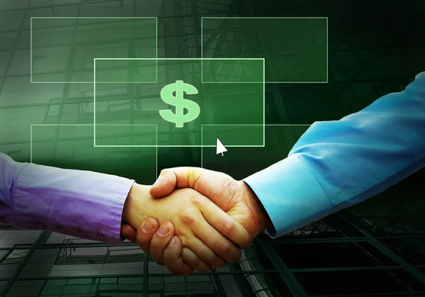 Handshake av två businessmans och text på LYS-knappen — Stockfoto