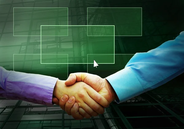 Handshake of two businessmans and text on the light button — Stockfoto