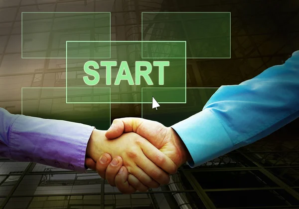Handshake av två businessmans och text på LYS-knappen — Stockfoto