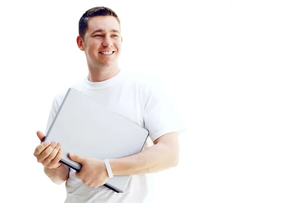 Boldog fiatalember vagy hallgató laptop és a telefon, az üzleti — Stock Fotó