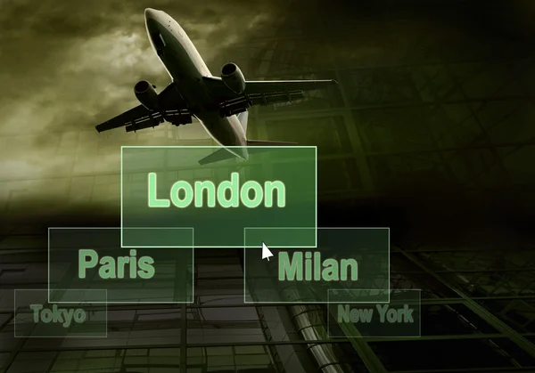 Aeropuertos citys en el botón y el avión — Foto de Stock