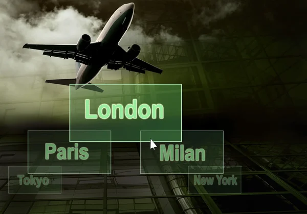 Aeropuertos citys en el botón y el avión — Foto de Stock
