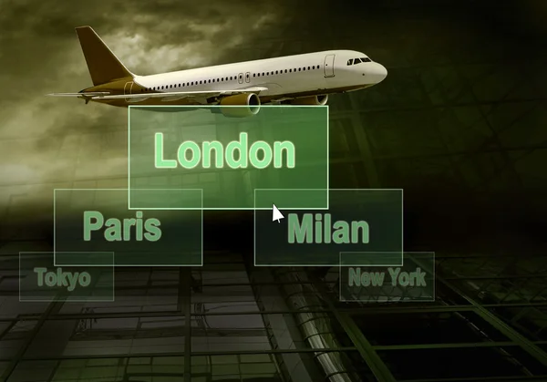 Luchthavens citys op de knop en vliegtuig — Stockfoto