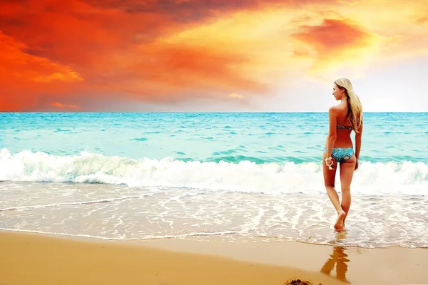 비키니에 밝은 열 대 해변에서 아름 다운 젊은 여성 — 스톡 사진