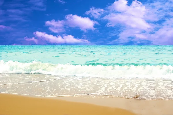 Fiatal gyönyörű nő, bikini a napsütéses trópusi tengerparton — Stock Fotó