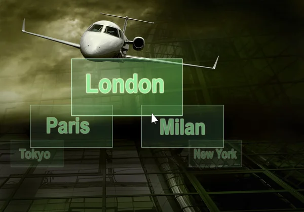 Flughäfen Städte auf Knopf und Flugzeug — Stockfoto