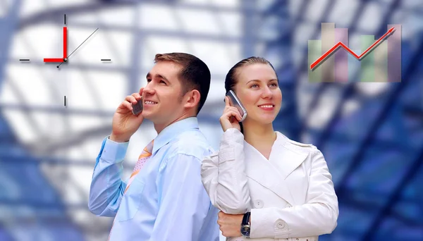 Happiness businessman calling on the business architecture background — Stock Photo, Image
