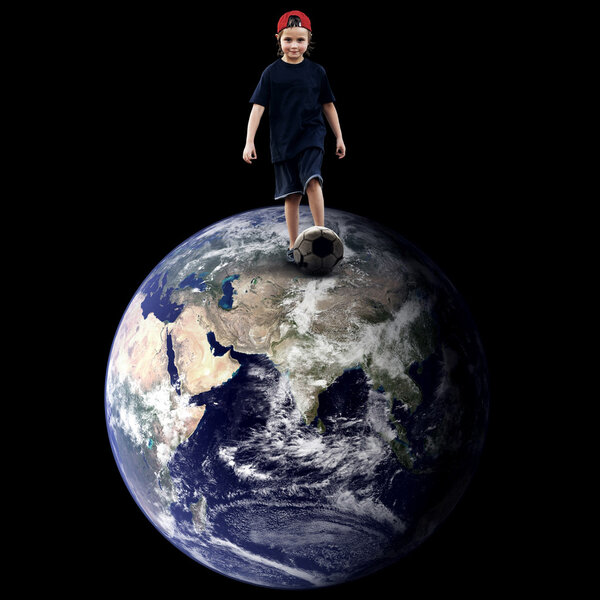 Child football player on the planet