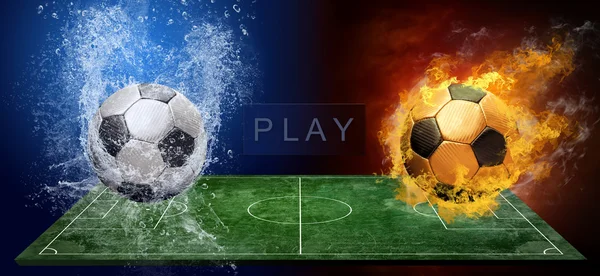 Woda spada i ogień płomienie wokół piłki nożnej na tle — Zdjęcie stockowe