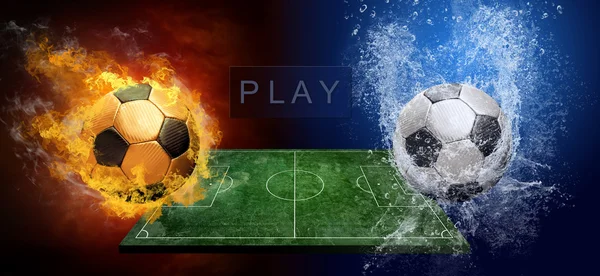 Wassertropfen und Feuerflammen rund um den Fußball im Hintergrund — Stockfoto