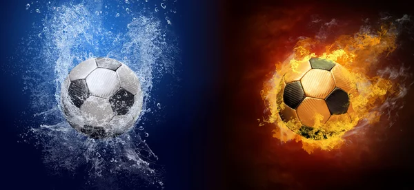 Gotas de água e chamas de fogo em torno de bola de futebol no fundo — Fotografia de Stock