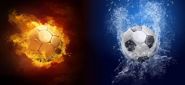 Water drops and fire flames around soccer ball on the background — Stock Photo, Image