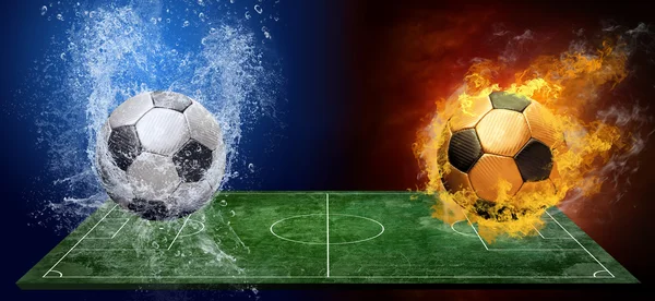 Vatten droppar och eld flammar runt fotbollen i bakgrunden — Stockfoto
