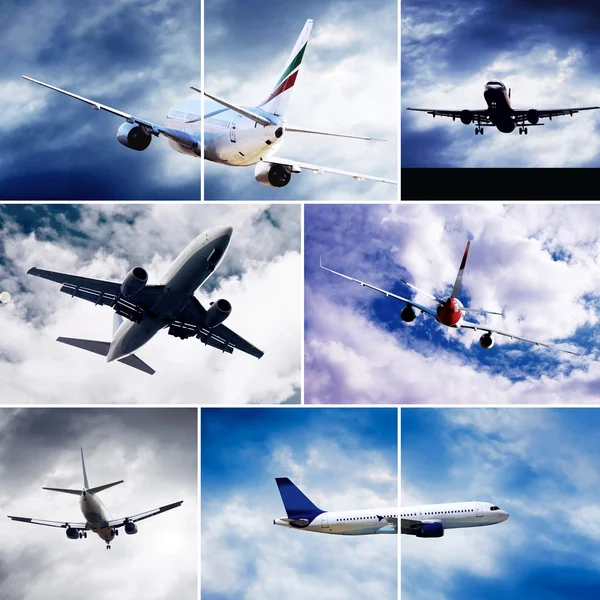 Stock image Collage of photos by airplanes at fly on the sky with clouds