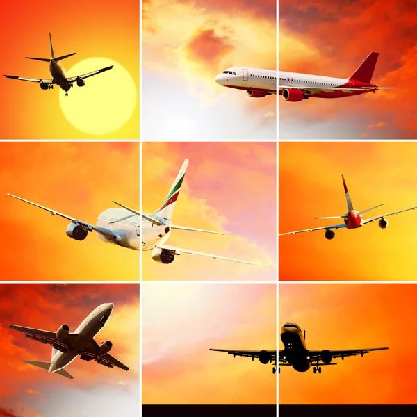 Collage of photos by airplanes at fly on the sky with clouds — Stock Photo, Image