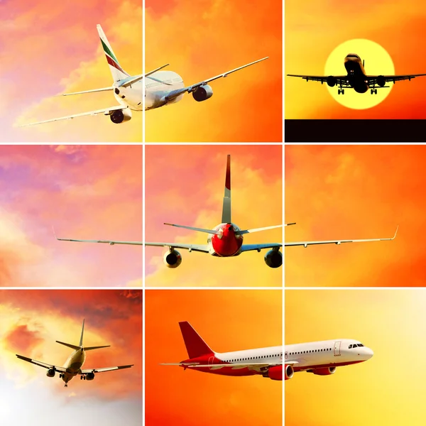 stock image Collage of photos by airplanes at fly on the sky with clouds