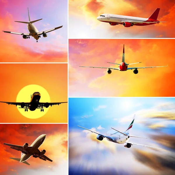 stock image Collage of photos by airplanes at fly on the sky with clouds