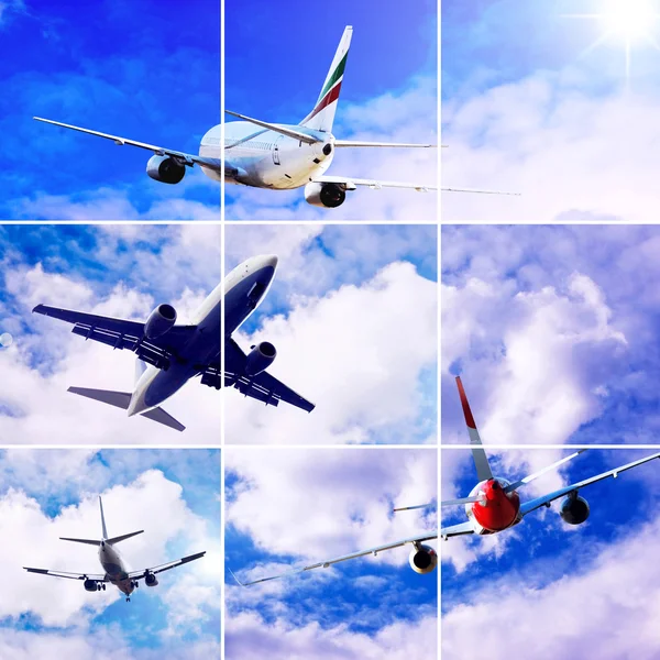 Collage di fotografie da aeroplani a volo sul cielo con nuvole — Foto Stock
