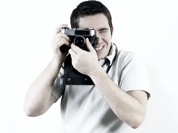 Vintage fotoğraf makinesi ile mutluluk adam. — Stok fotoğraf