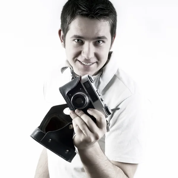 Boldogság férfi vintage fotó kamera. — Stock Fotó