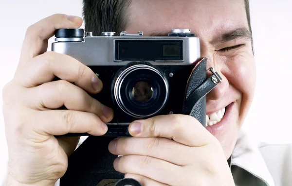 Lykke mand med vintage foto kamera . - Stock-foto