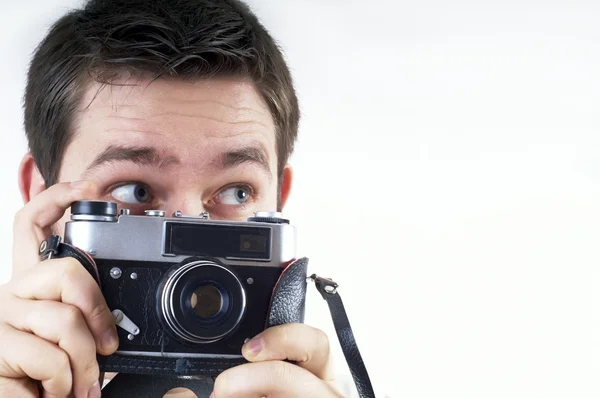 Felicidad hombre con cámara de fotos vintage . —  Fotos de Stock