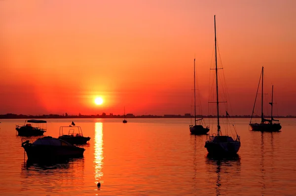 Stock image Yachts near the island on the golden sunrise over the sea